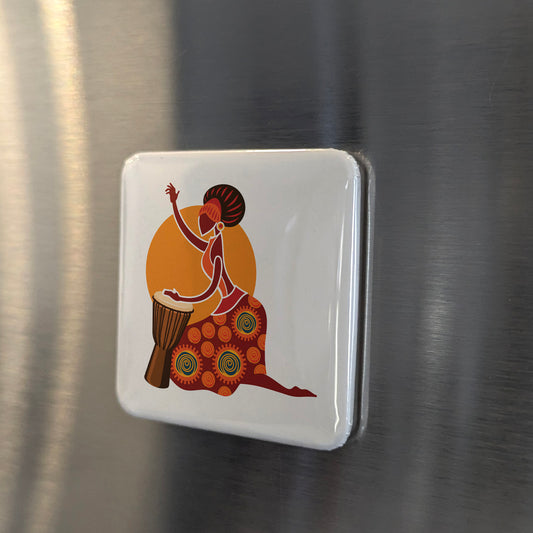 African Woman Playing Djembe Fridge Magnet - PhiloPerse