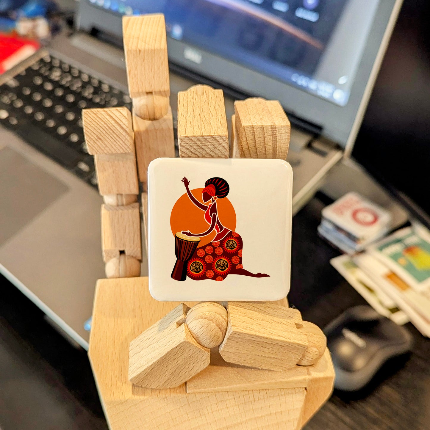 African Woman Playing Djembe Fridge Magnet - PhiloPerse