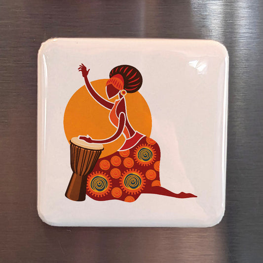 African Woman Playing Djembe Fridge Magnet - PhiloPerse