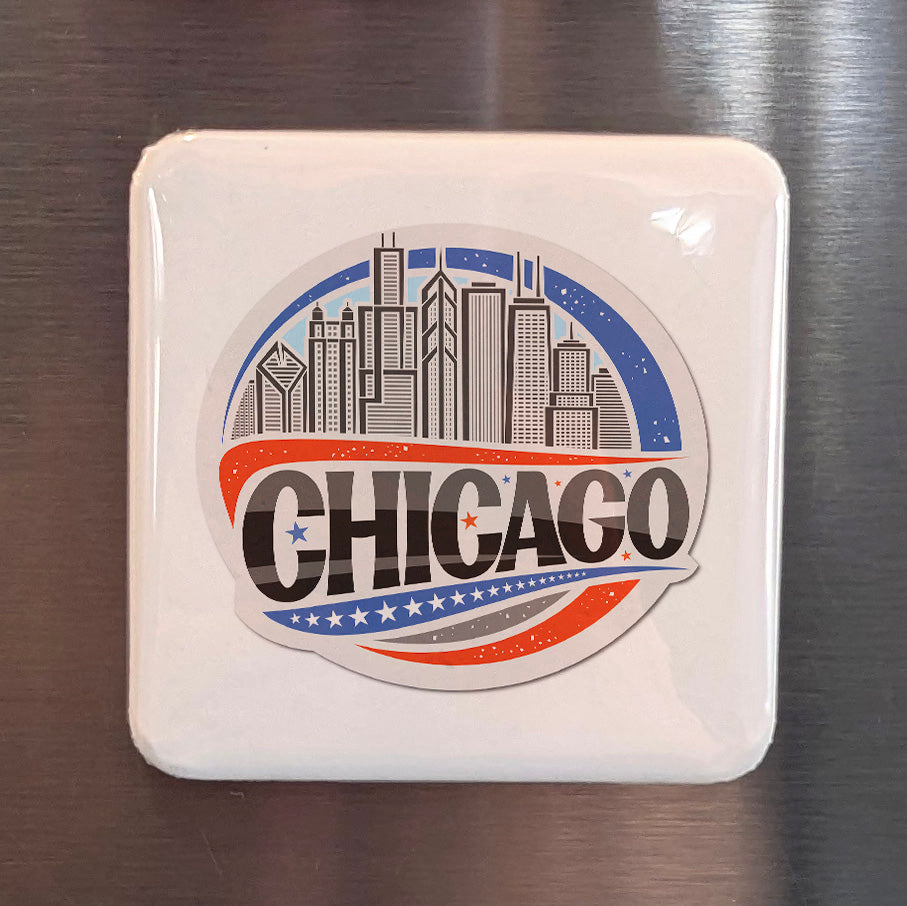 Chicago Illinois Magnet | Patriotic Skyline Badge | 2×2 | Made in Canada - PhiloPerse