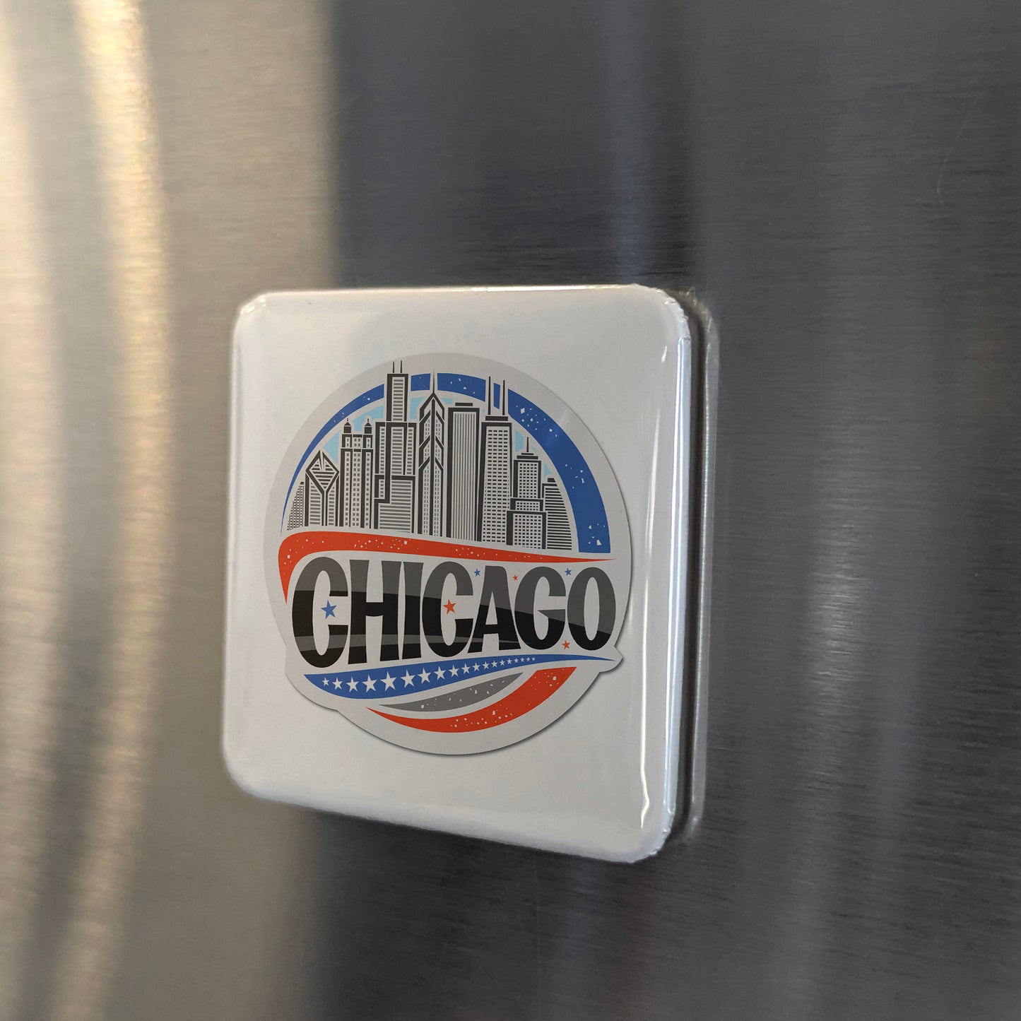 Chicago Illinois Magnet | Patriotic Skyline Badge | 2×2 | Made in Canada - PhiloPerse