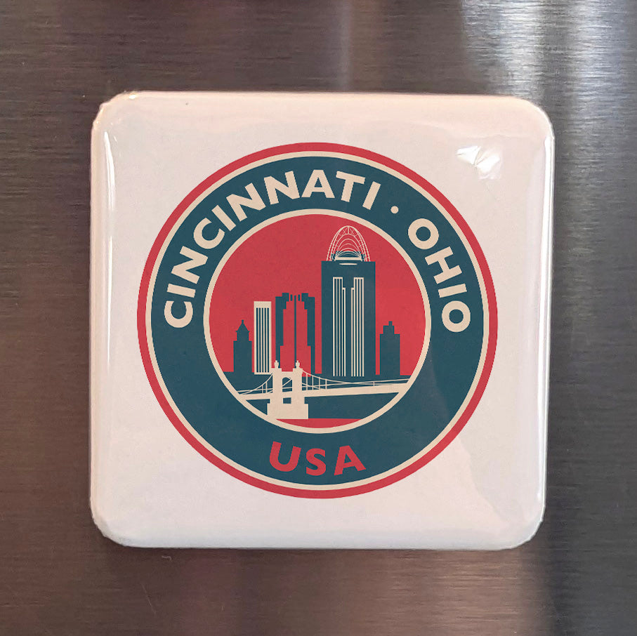 Cincinnati Ohio Magnet | Retro Skyline Badge | 2×2 | Made in Canada - PhiloPerse