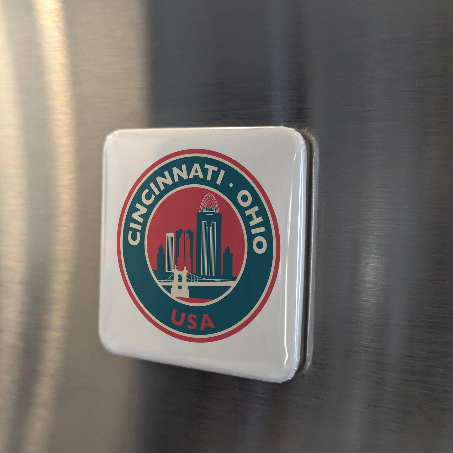 Cincinnati Ohio Magnet | Retro Skyline Badge | 2×2 | Made in Canada - PhiloPerse