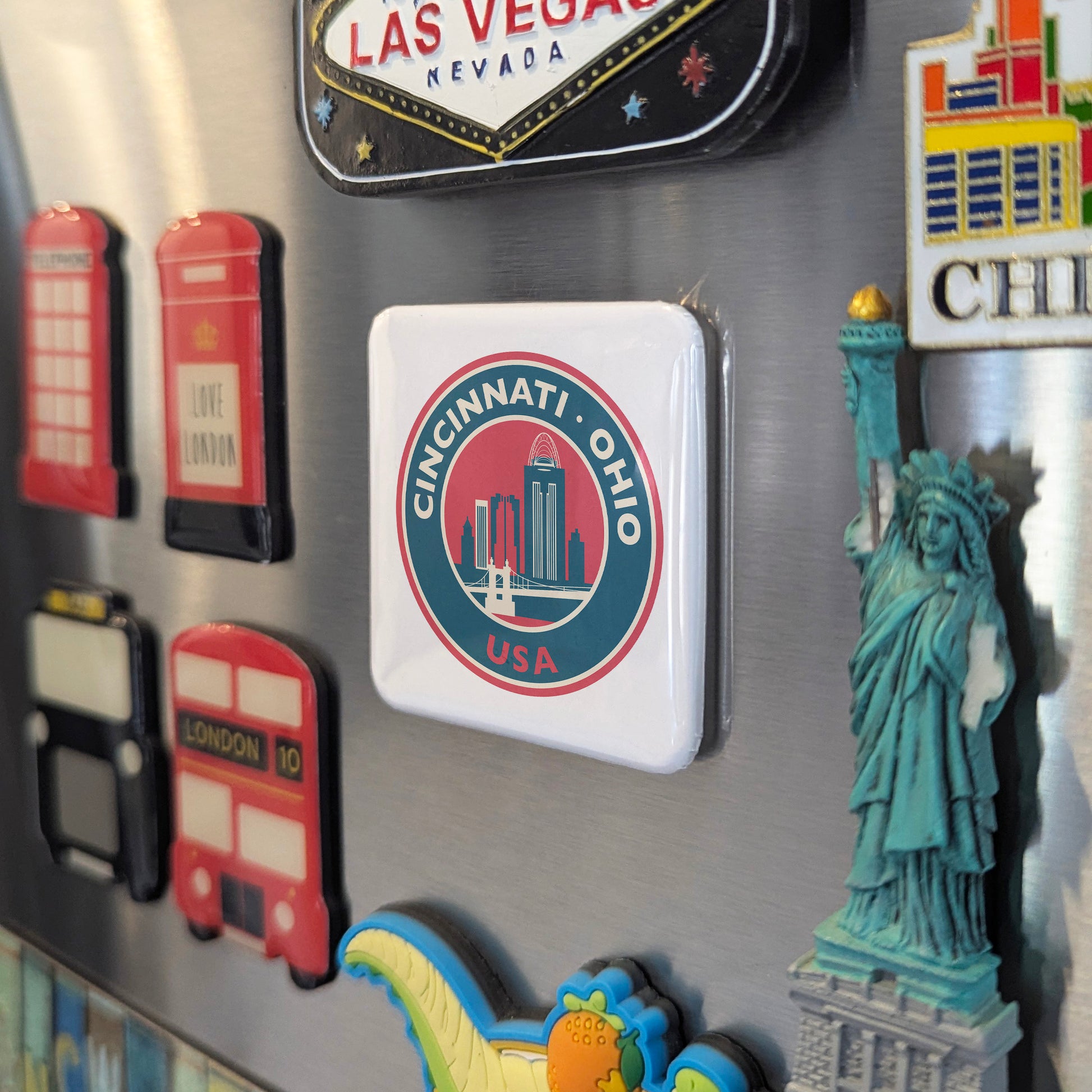 Cincinnati Ohio Magnet | Retro Skyline Badge | 2×2 | Made in Canada - PhiloPerse