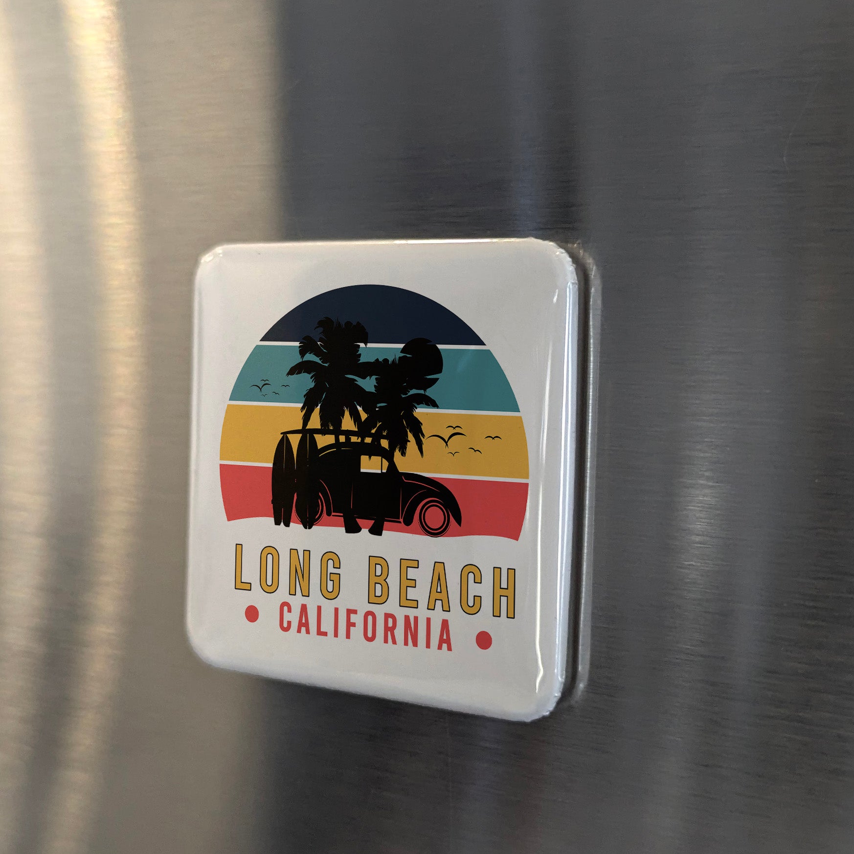 Long Beach California Magnet | Woody Sunset | 2×2 | Made in Canada - PhiloPerse