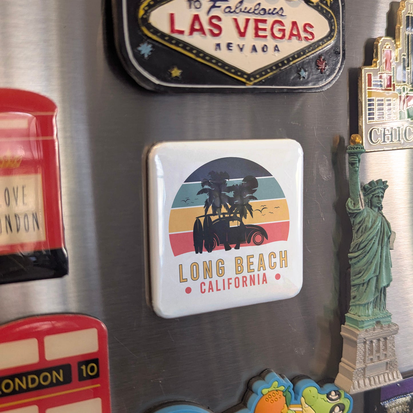 Long Beach California Magnet | Woody Sunset | 2×2 | Made in Canada - PhiloPerse
